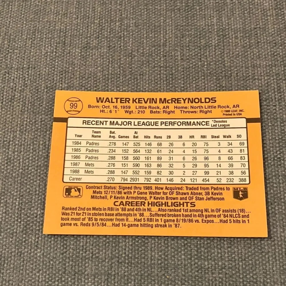 1989 Donruss New York Mets Baseball Card Trading Card